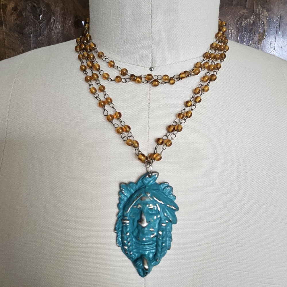 Bohemian Amber Color and Turquoise Painted Necklace